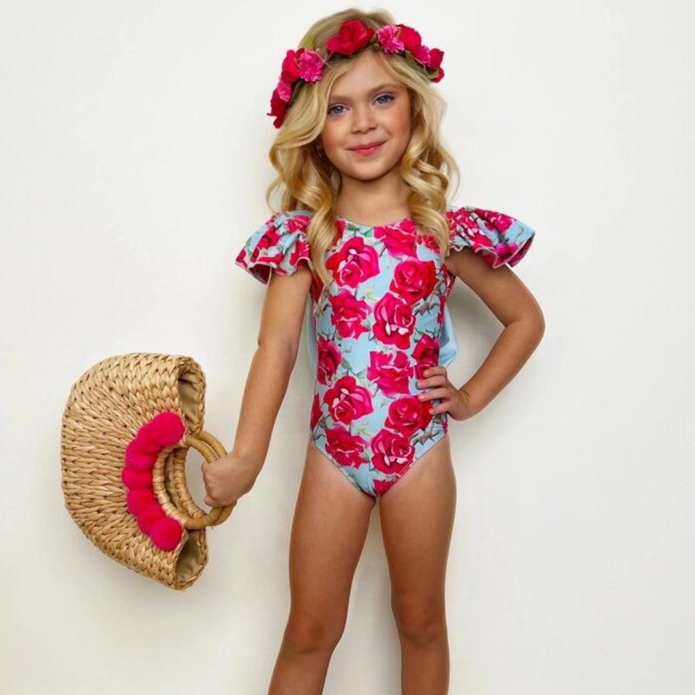 Ruffled sleeve floral one piece with bow size 4/5 Y